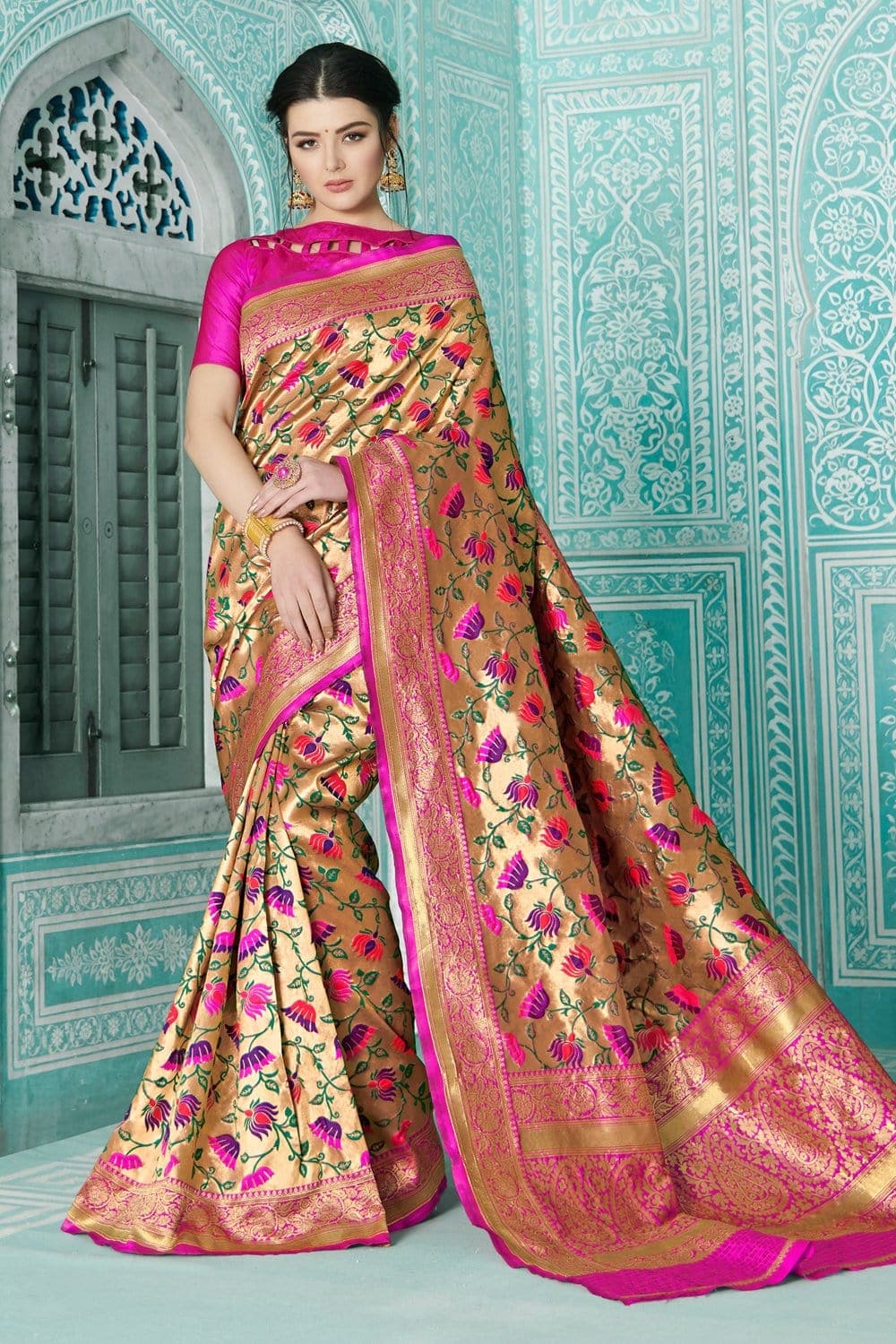 Buy Online Rose Gold Striped Tissue Silk Saree with Pink Saree Blouse –  Pure Elegance