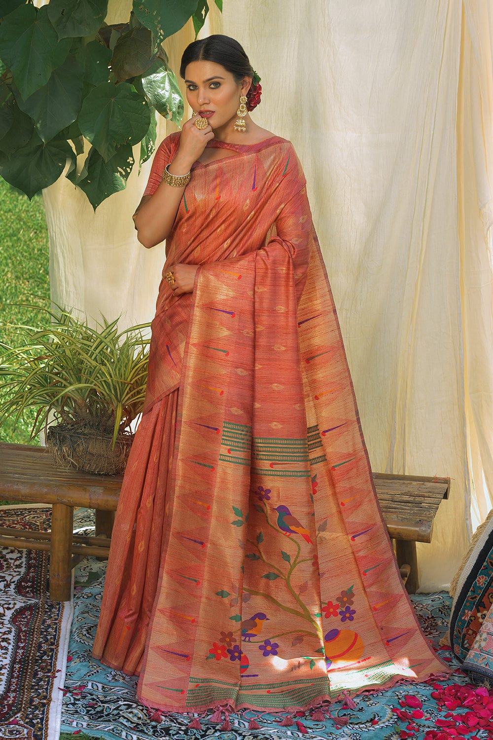 orange paithani saree