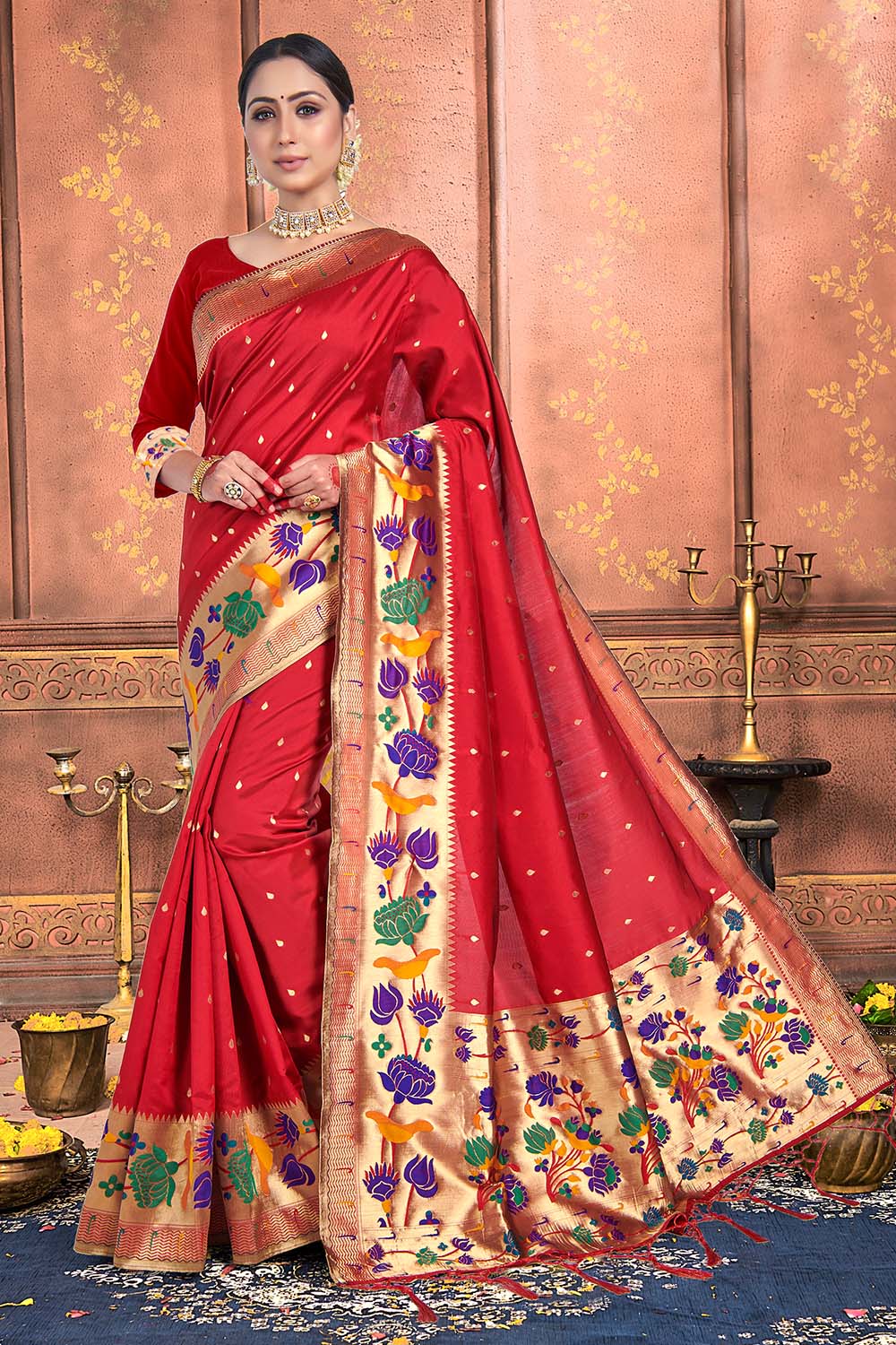 Rani pink color paithani silk saree with zari weaving work