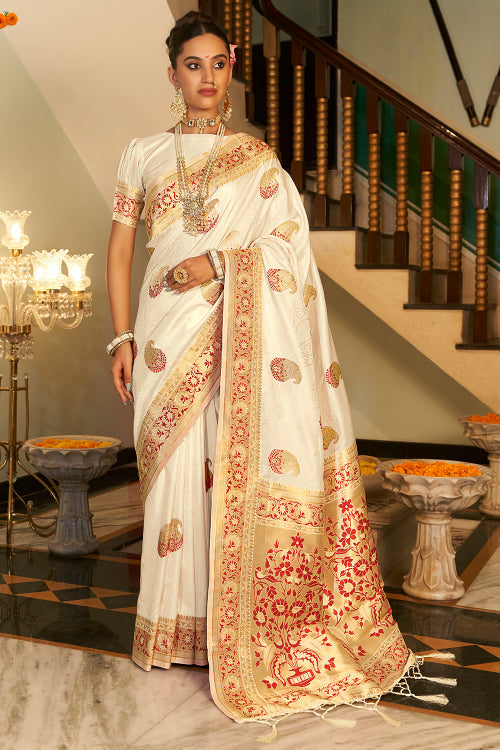 Pink and Off White Paithani Silk Saree - Urban Womania