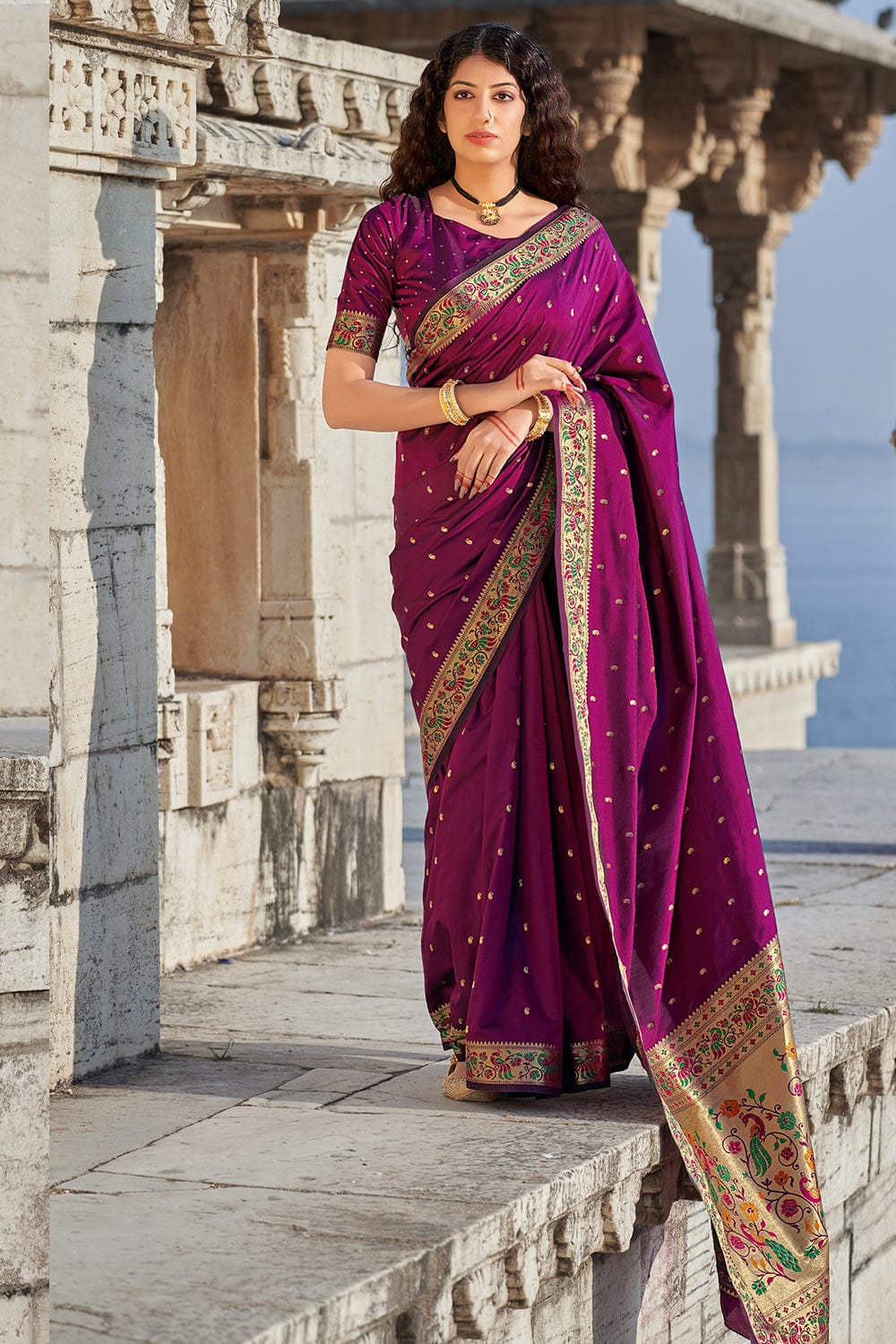 Purple Color Silk Fabric Festive Wear Saree With Embroidered Designer