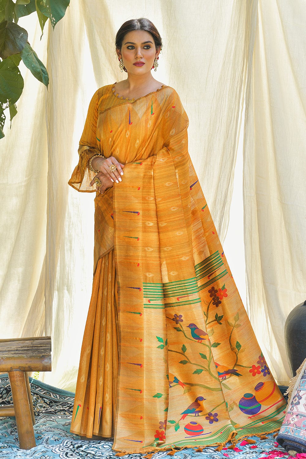 jaquard silk designer dark yellow saree