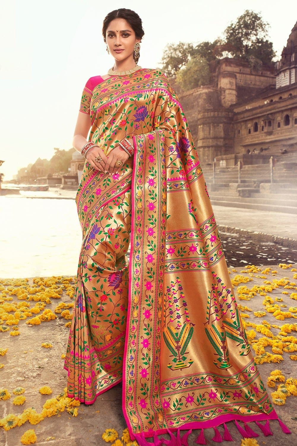 Buy Cream Silk Traditional Wear Paithani Saree Online From Wholesale Salwar.