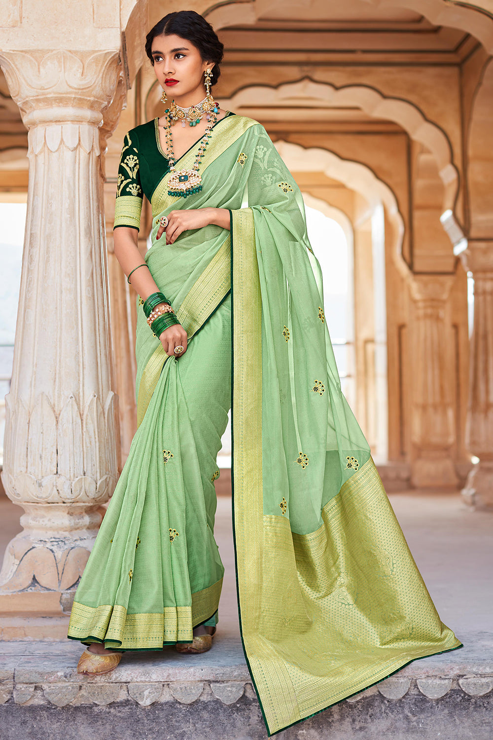 Light Mint Green And Dark Green Paithani Silk Saree For Woman Paithani Saree Organza Silk Paithani Saree Latest Paithani online Saree