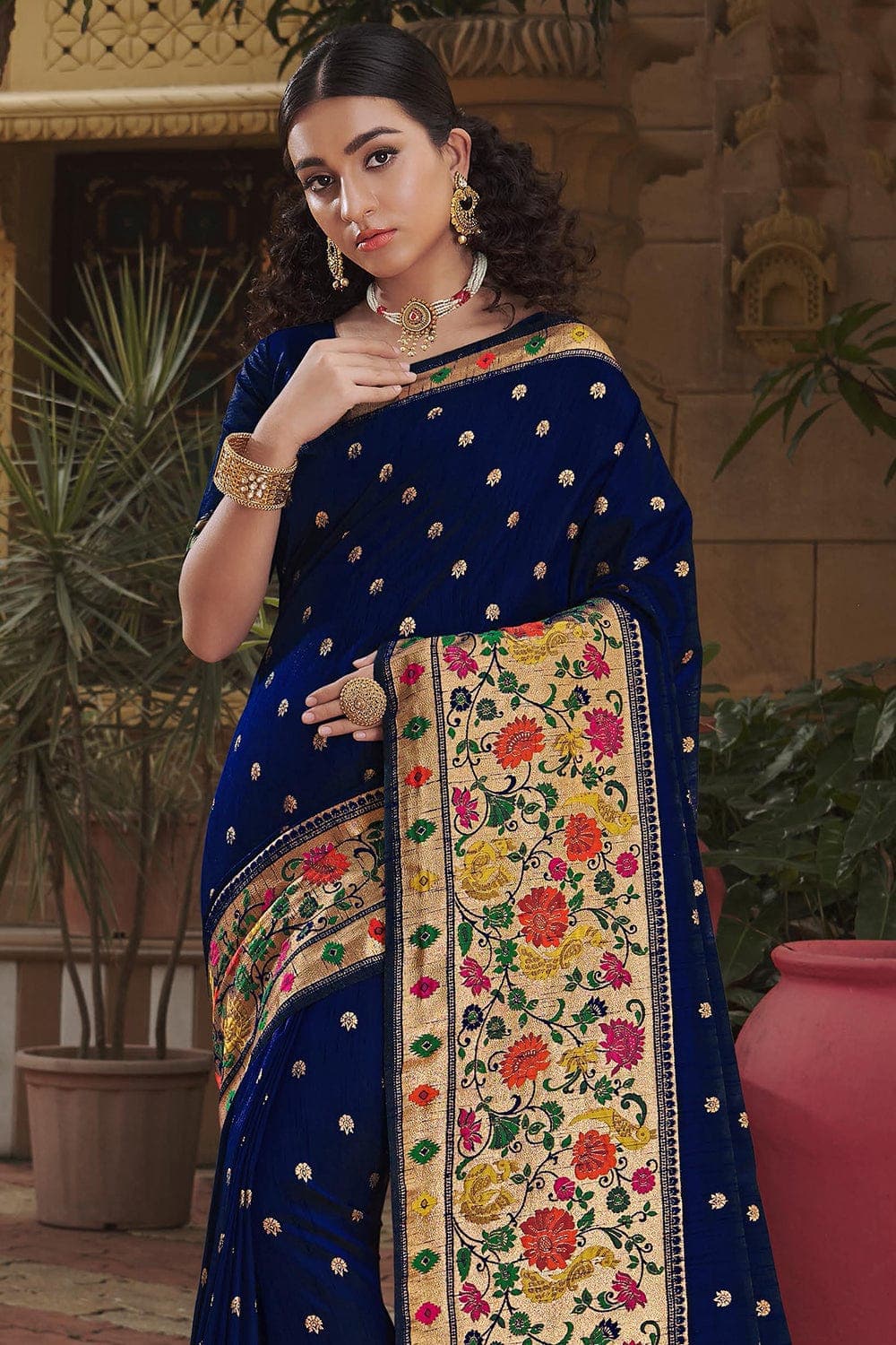 Navy Blue Readymade/Easy Paithani Saree – StylebyPanaaash