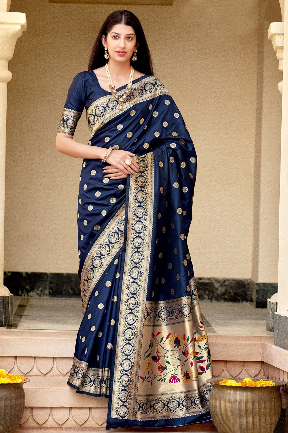 Navy Blue Paithani Silk Saree With Red Border - Buddha And Beyond