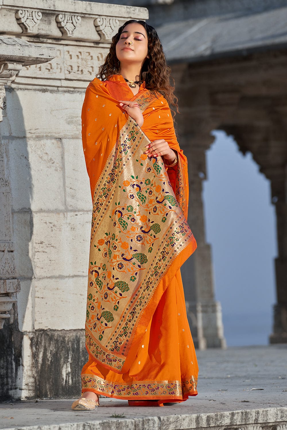 orange paithani saree