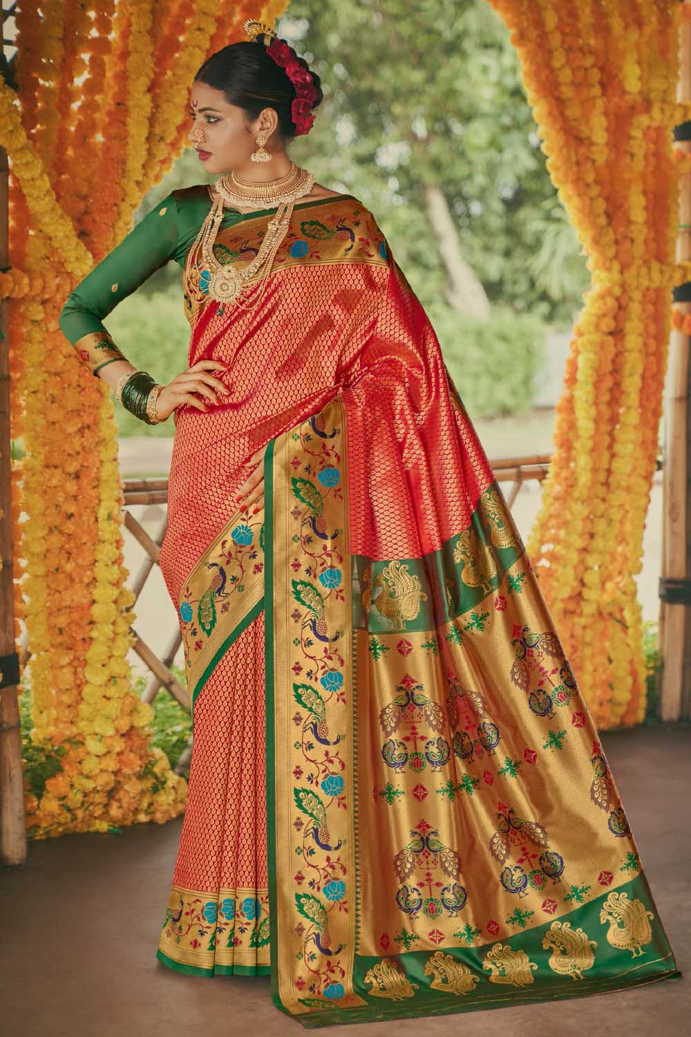 RED PAITHANI SAREE WITH PARROT DESIGN-LORD001P – www.soosi.co.in