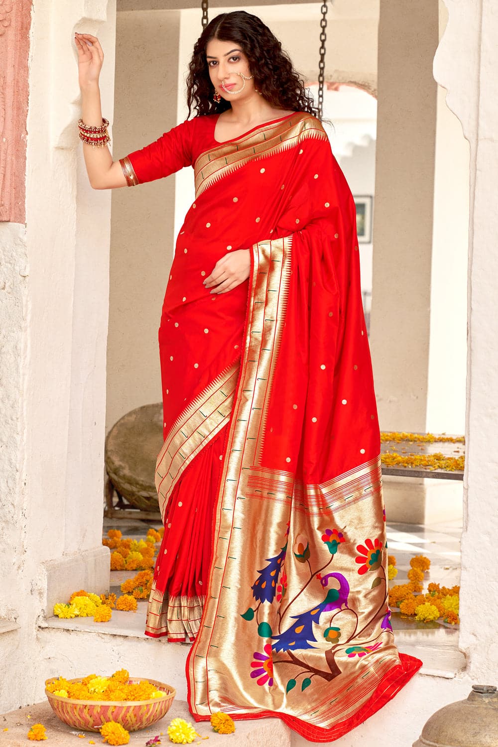 Buy Red Cotton Paithani Sarees Online Worldwide Shipping – My Clothing  Treasure