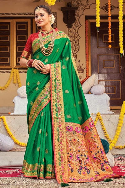 Neon Green Paithani Silk Saree With Zari Weaving Work | Leemboodi