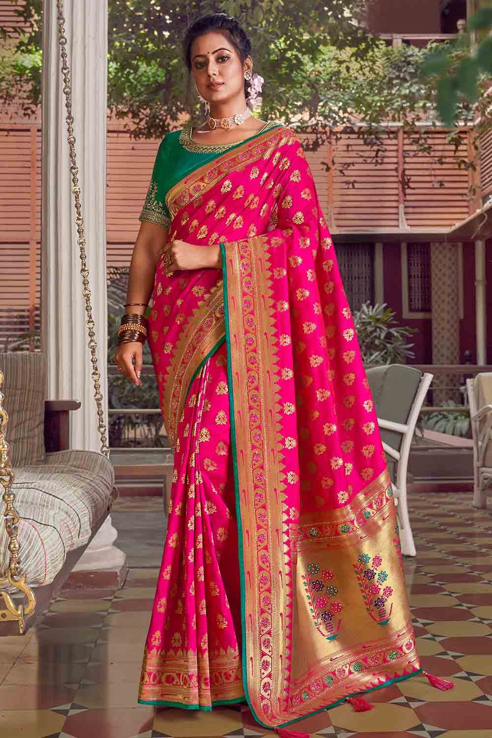 Berry blue chanderi saree with gold zari buttis and gold tissue border