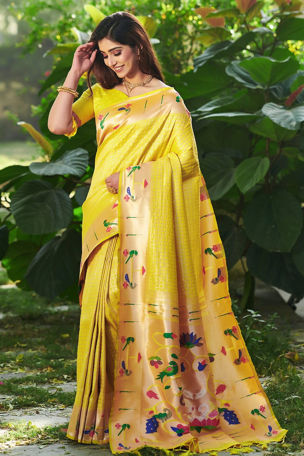 Lime Yellow Pure silk paithani saree