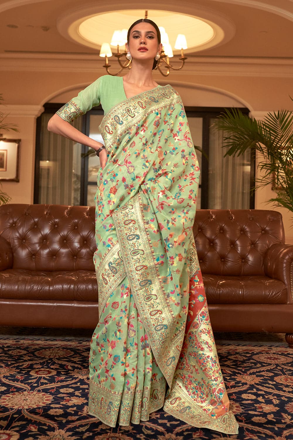 green pashmina saree