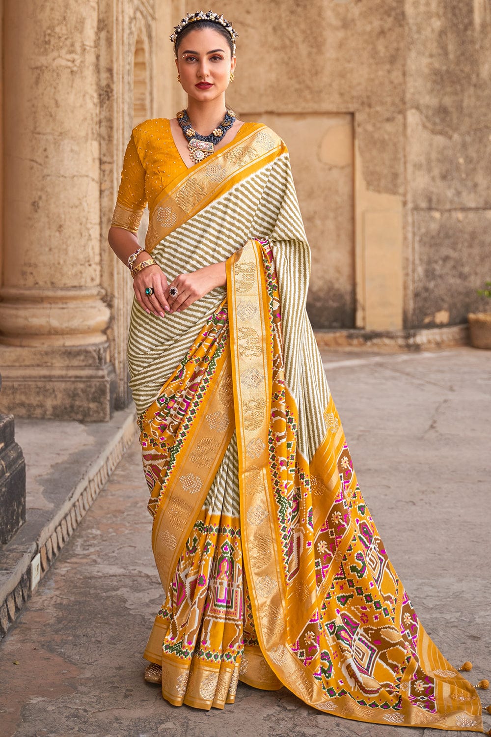 Orgenza Silk Digital Print Light Yellow Saree – BEST SAREE