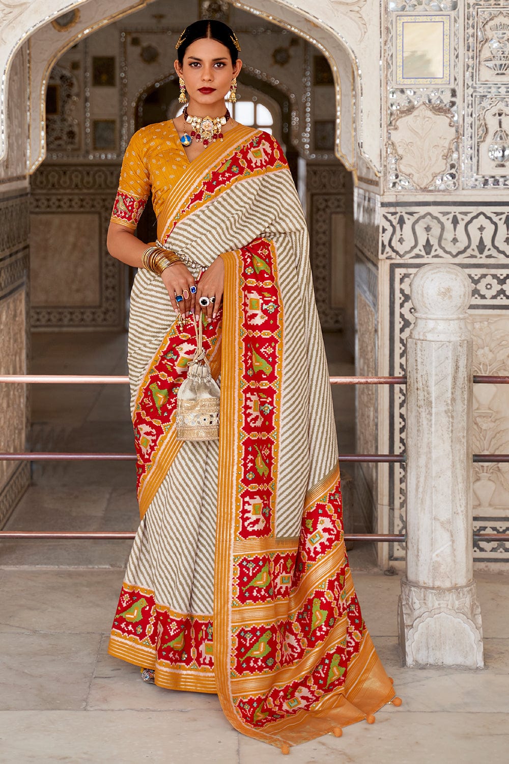 Pearl White Paithani Silk Saree - Shaaola.com