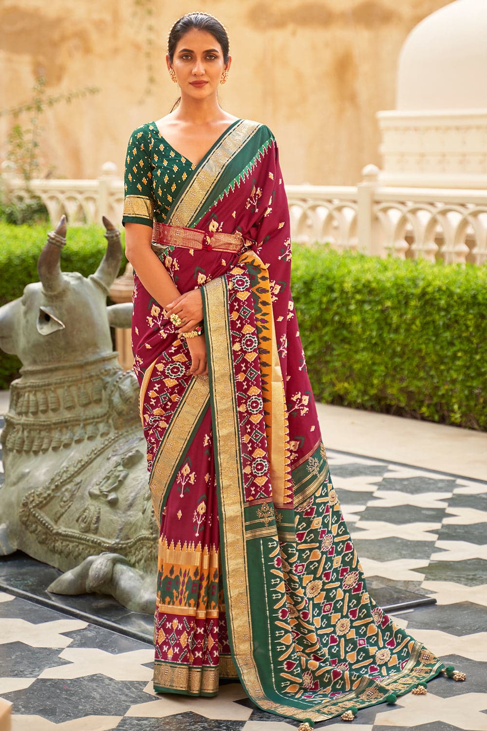 Wine Red & Green Printed Patola Silk Saree with Handwork - Urban Womania