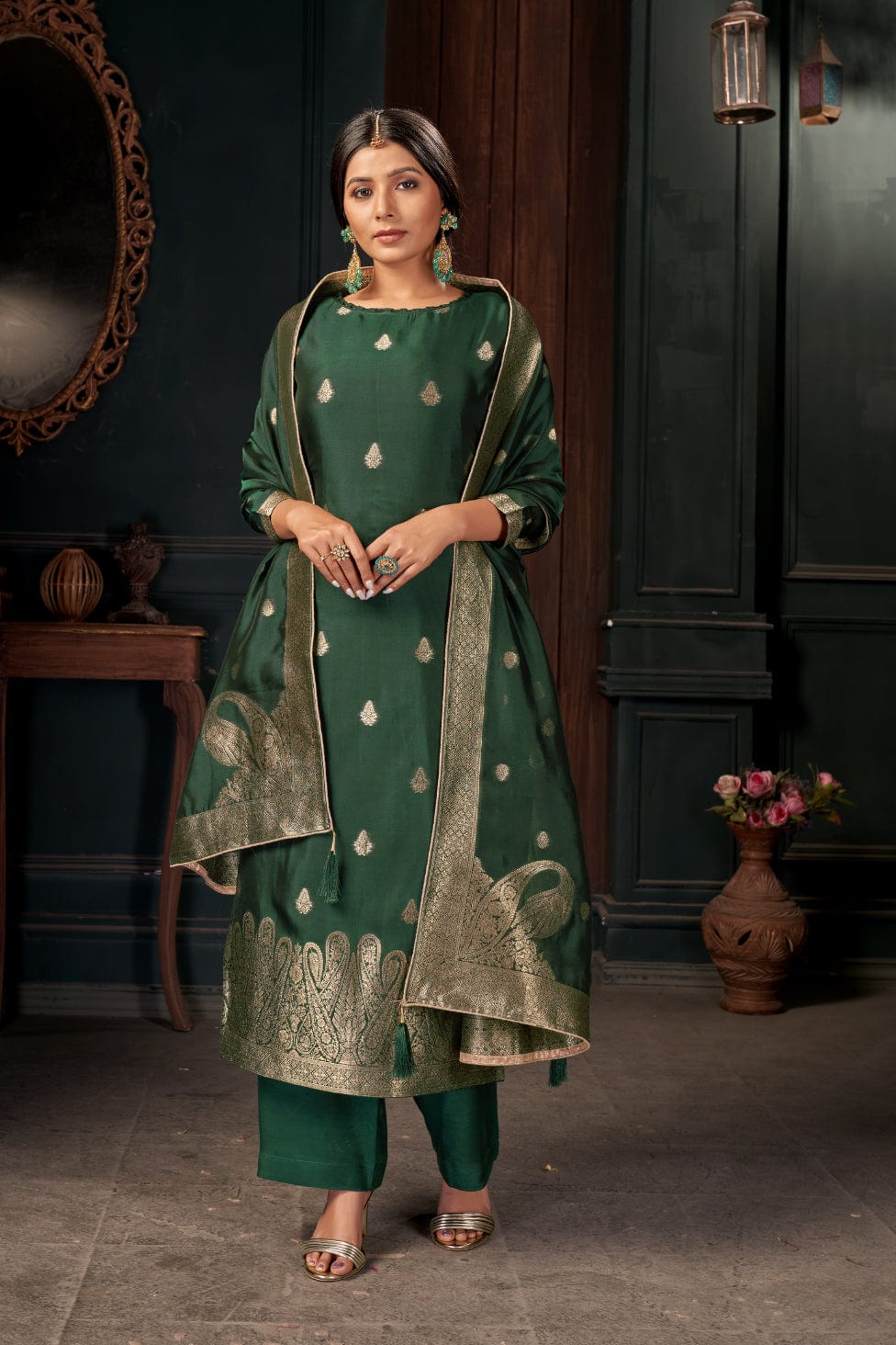 Bottle Green Cotton Unstitched Salwar Suit with Chiffon Dupatta -  959-SATINBATIQ-B
