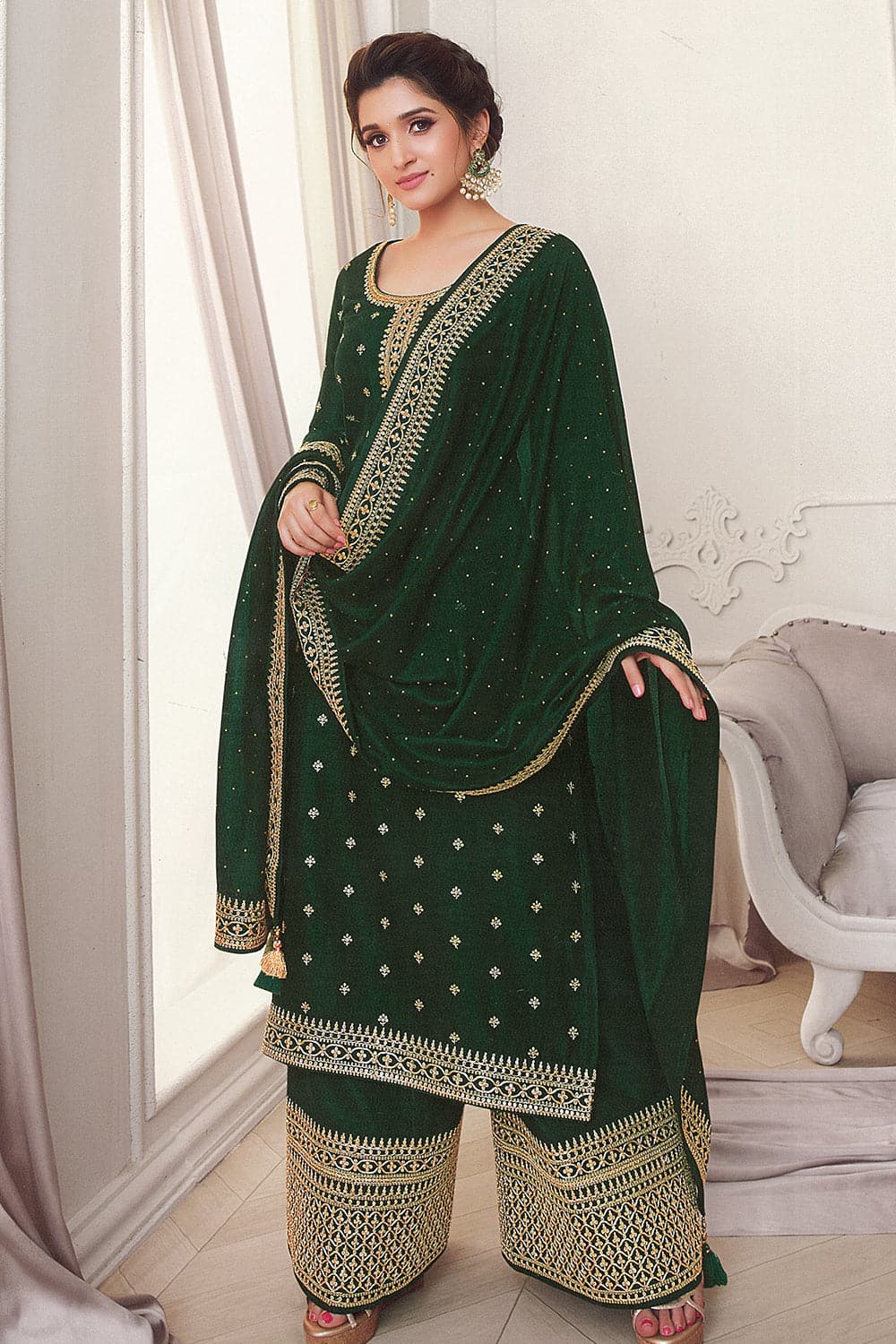 Green Velvet Mirror Salwar Suits Designs – TheDesignerSaree