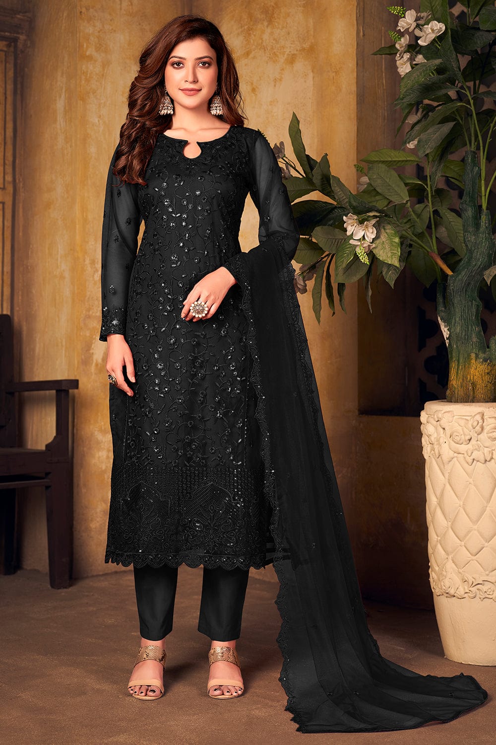 Unstitched Cotton Slub Printed Churidar Suit In Black Colour - US3234387