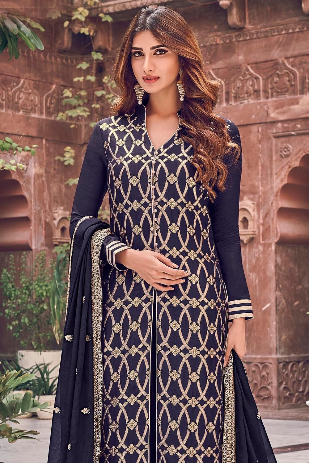 Navy Blue Chanderi 3/4th Sleeves Online at Soch