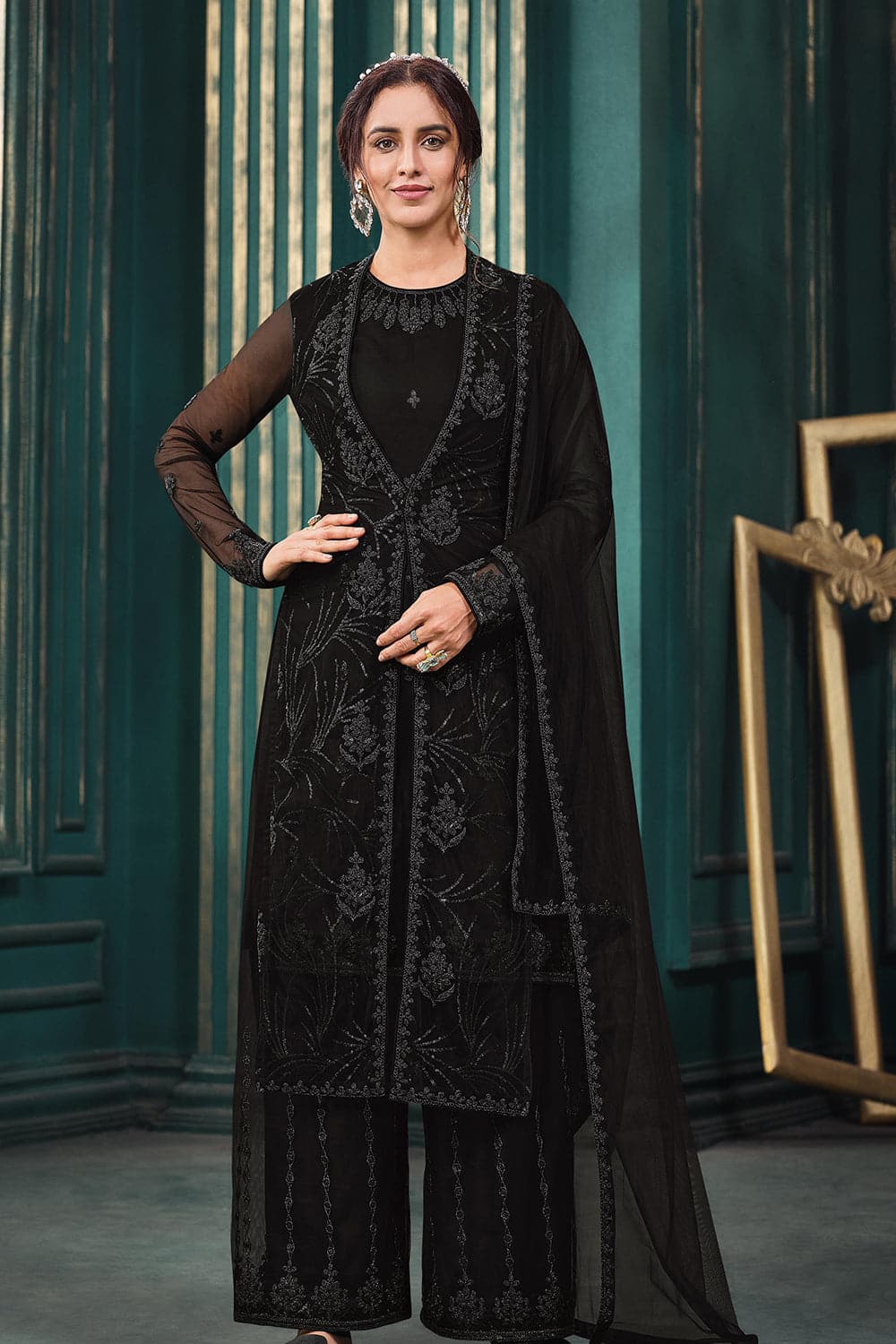 Attractive Georgette Black Embroidered Palazzo Salwar Suit -