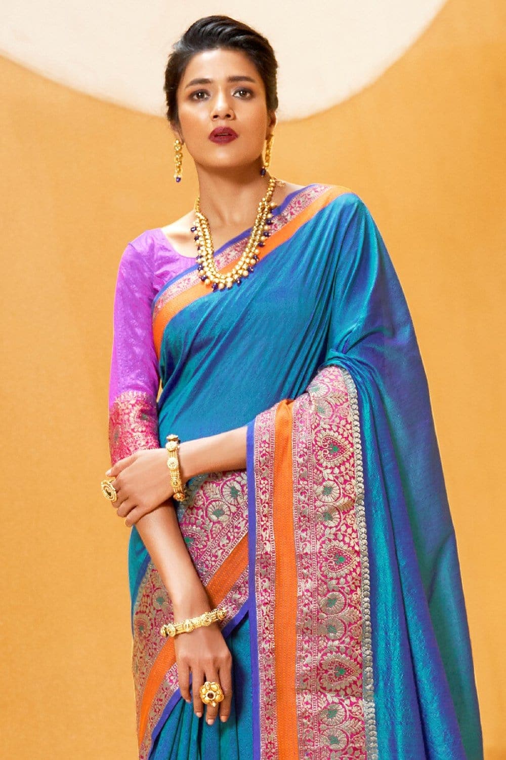 Buy Blue Zari Woven Kanjivaram Fusion Saree With Swaroski online-Karagiri –  Karagiri Global