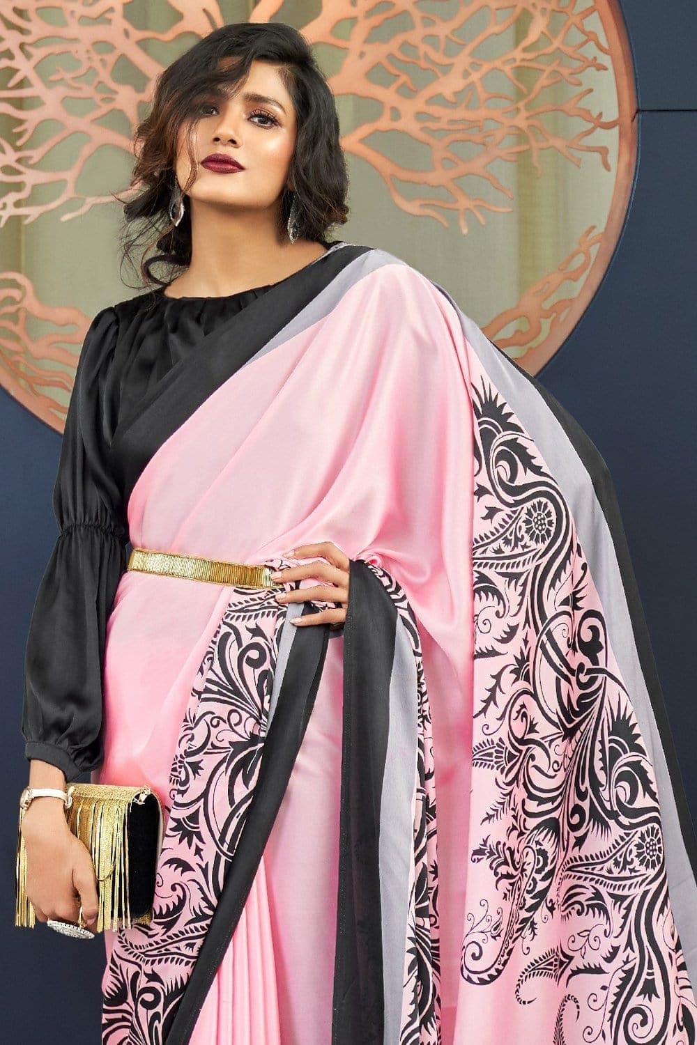Ruby Pink & Black Designer Embroidered Silk Party Wear Saree | Saira's  Boutique