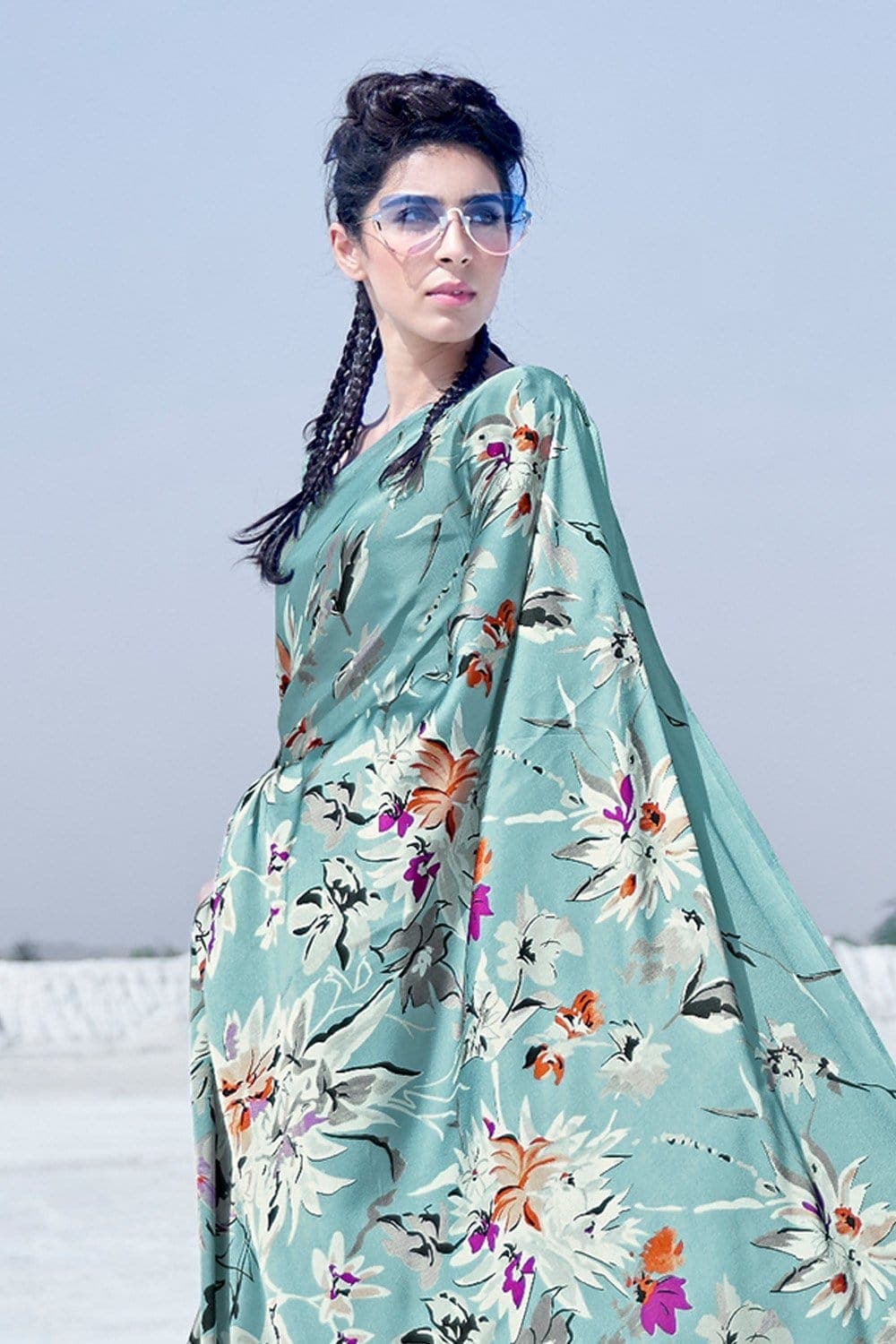 Satin Crepe Blue Moon - From Winter Ivy saree online