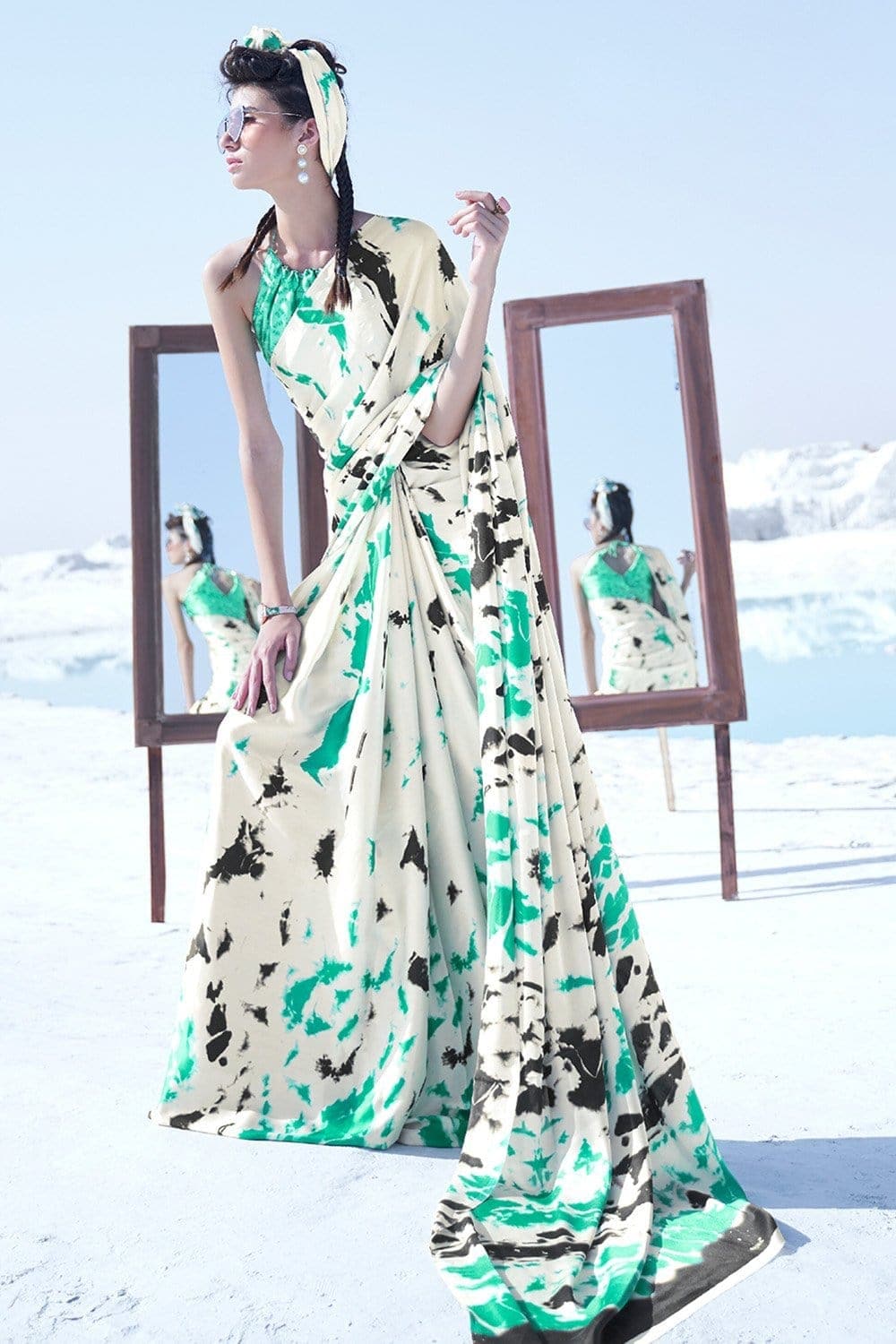 Satin Crepe Minty Ice Cream - From Winter Ivy saree online