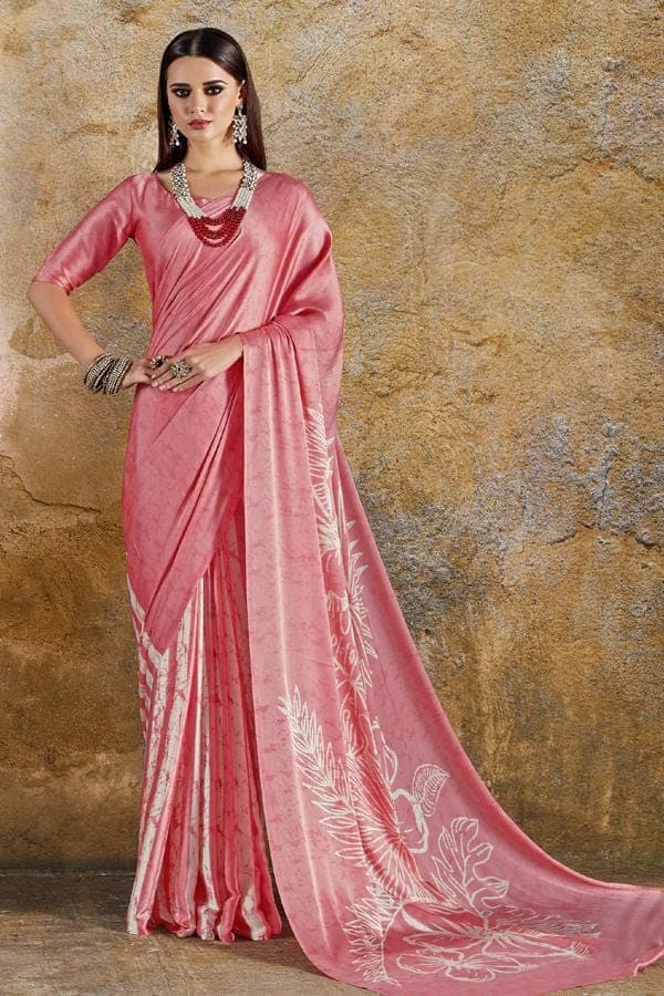 Satin Crepe Pastel Pink Abstract Print Pure Satin Crepe Designer Saree saree online