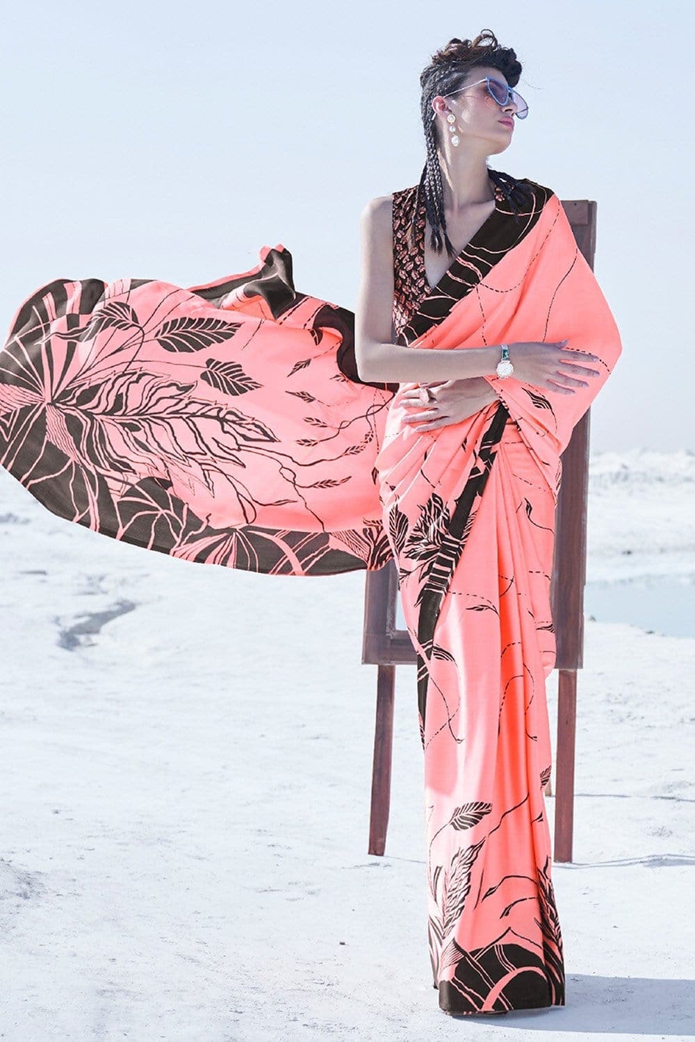 Satin Crepe Pink Mystics - From Winter Ivy saree online