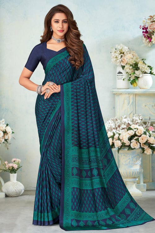 blue satin crepe saree