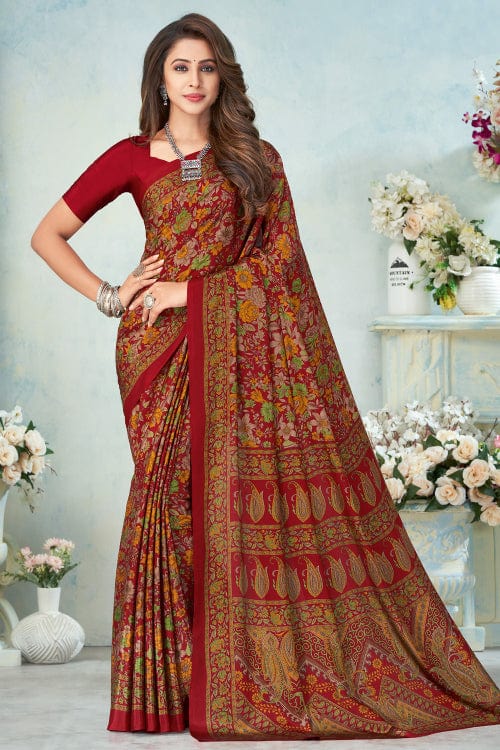 brown satin crepe saree