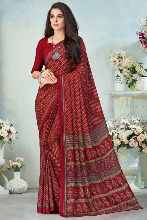 maroon satin crepe saree