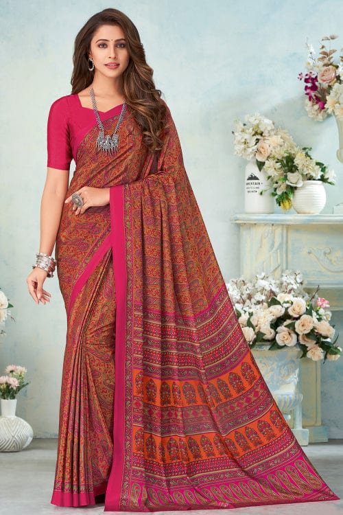 pink satin crepe saree