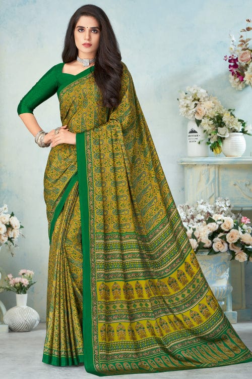 green satin crepe saree