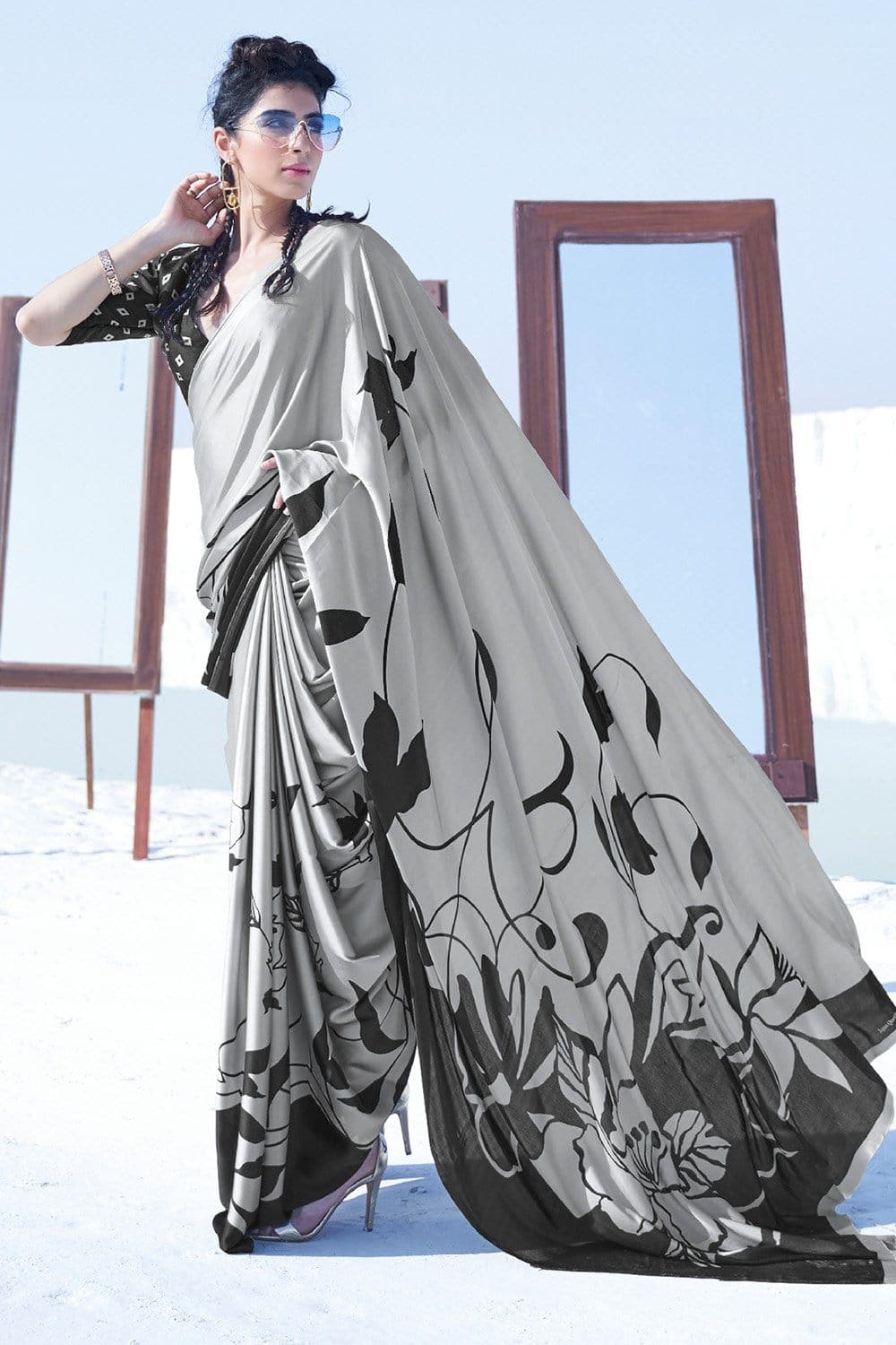 Satin Crepe Silver Dream - From Winter Ivy saree online