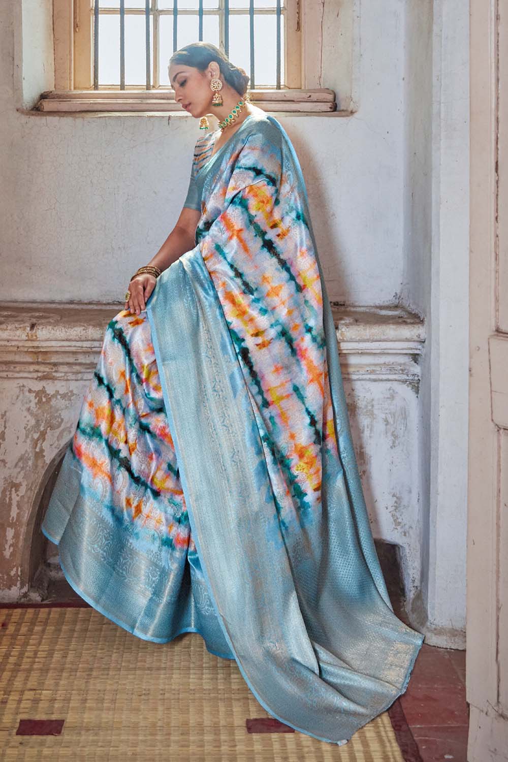 Baby Blue And White Printed Satin Silk Saree