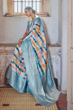 Baby Blue And White Printed Satin Silk Saree