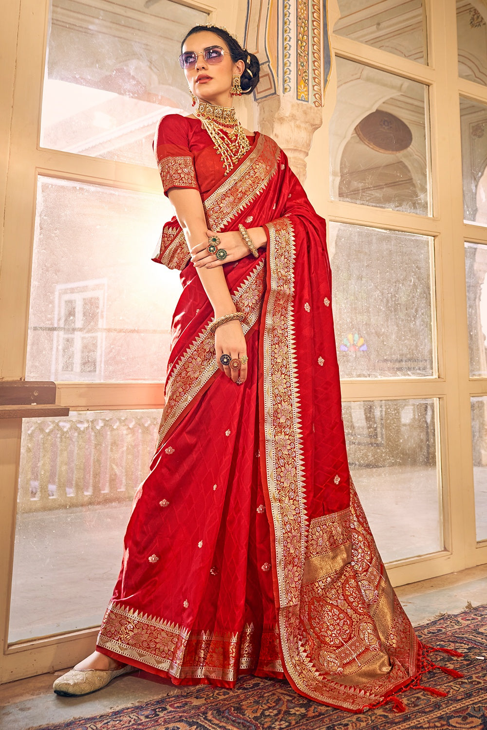 Crimson Red Satin Silk Saree