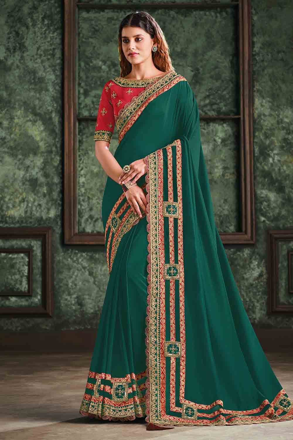 Ladies Dark Green Plain Georgette Saree at Rs 799 | Plain Georgette Sarees  in Surat | ID: 2850553922873