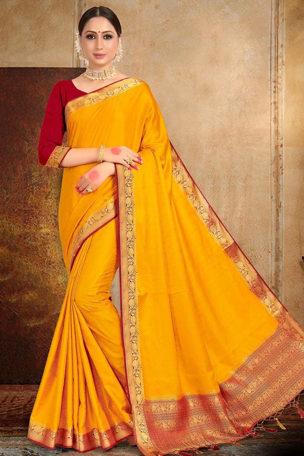 Fire Yellow Satin Silk Saree