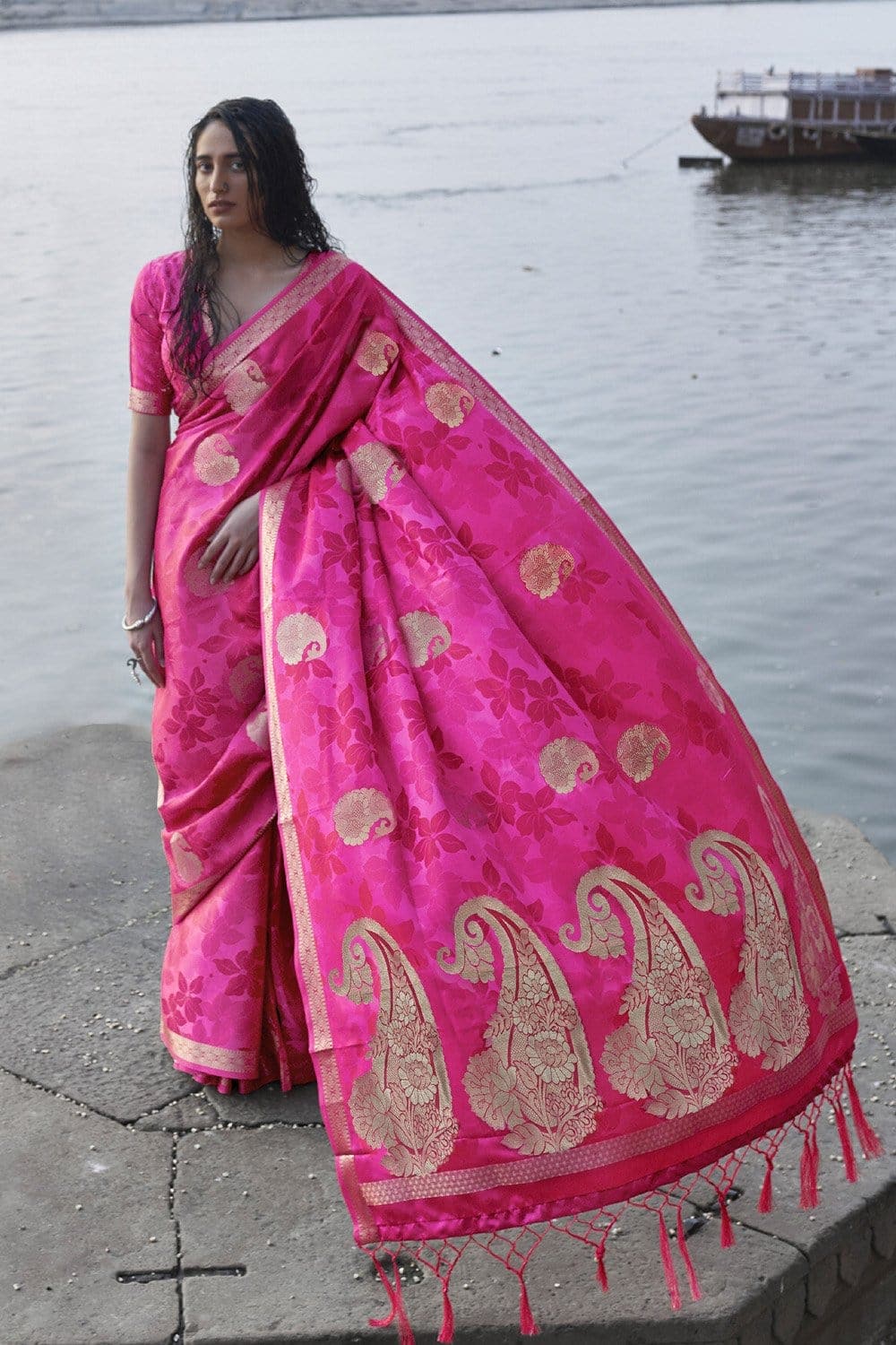 Satin Silk Saree Hot Pink Printed Satin Silk Saree saree online