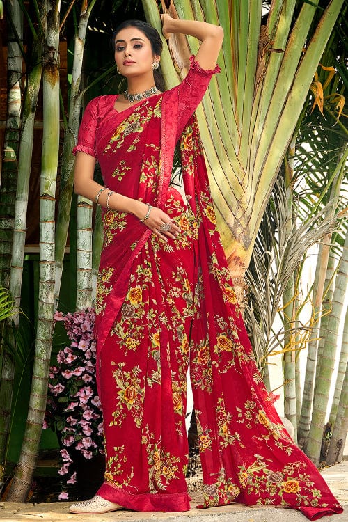 red satin silk saree