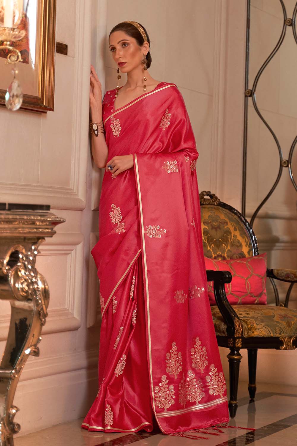 Women's Satin Saree(Red, 5-6 Mtrs)-PID33324