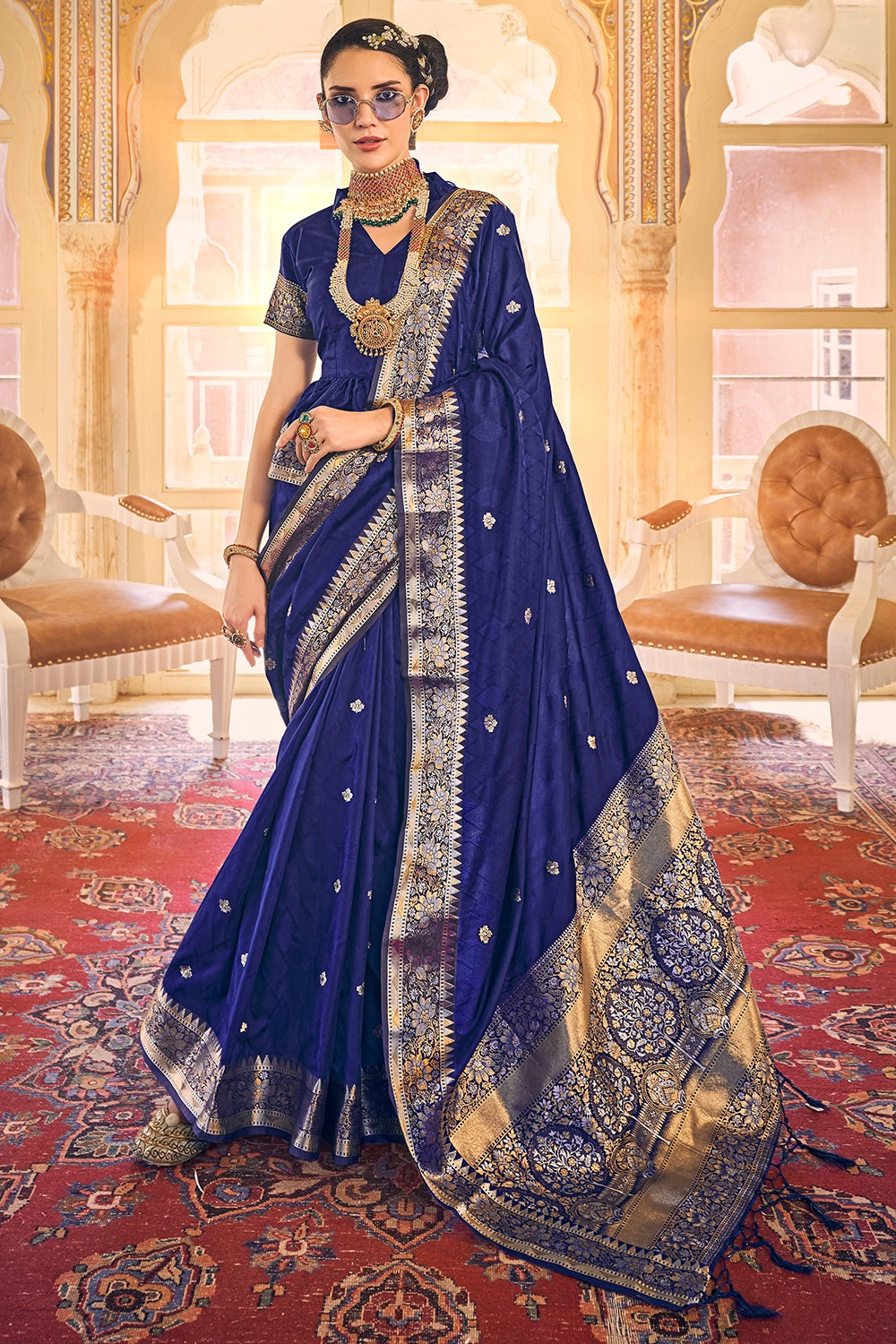 Shop Georgette Dark Blue Color Hand Embroidered Stone Work Saree Party Wear  Online at Best Price | Cbazaar