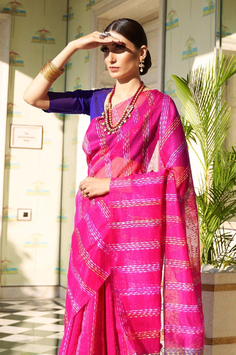 Satin Silk Saree Thread Work Magenta Pink Satin Silk Saree saree online
