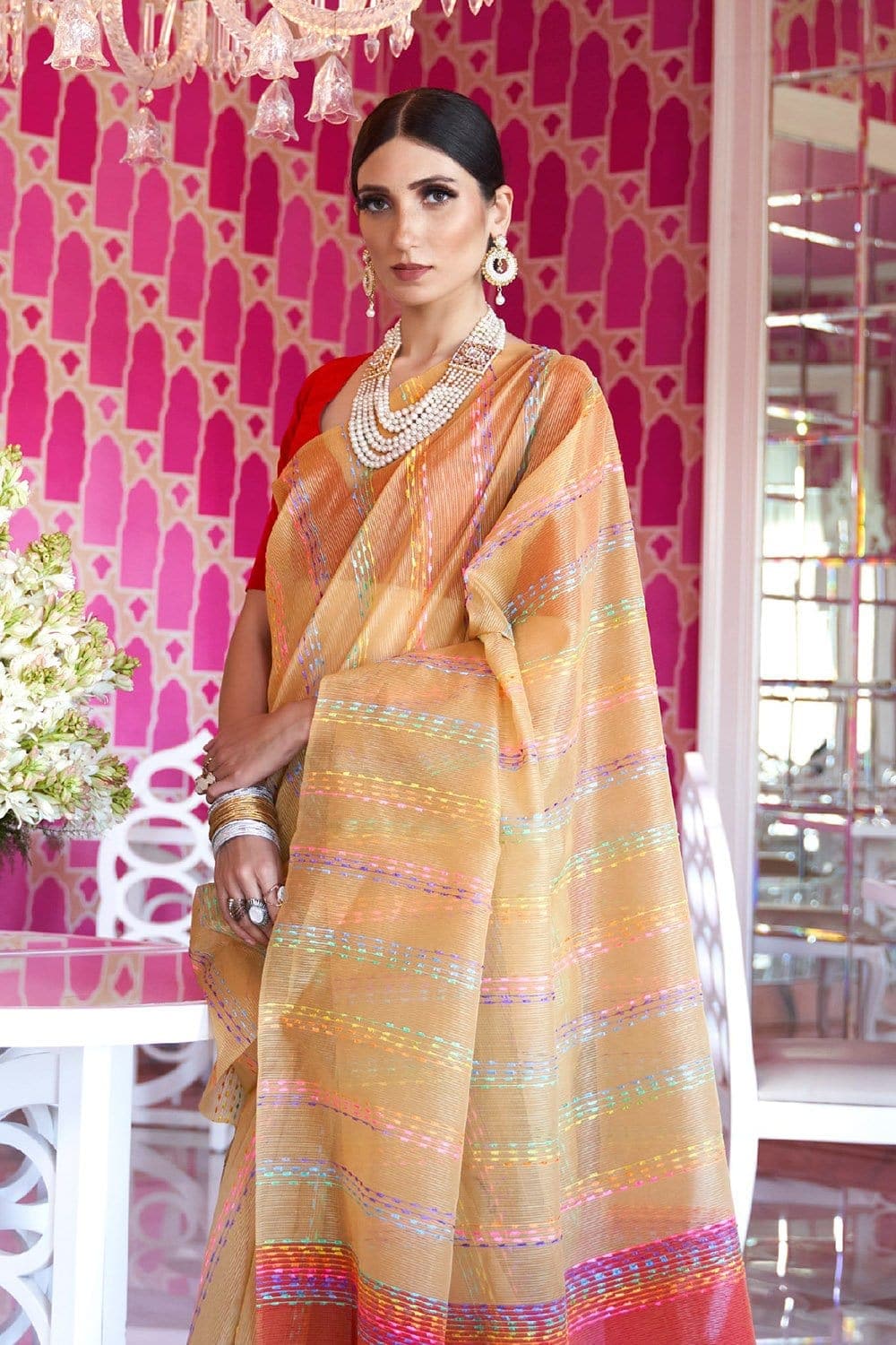 Satin Silk Saree Thread Work Sherbert Orange Satin Silk Saree saree online