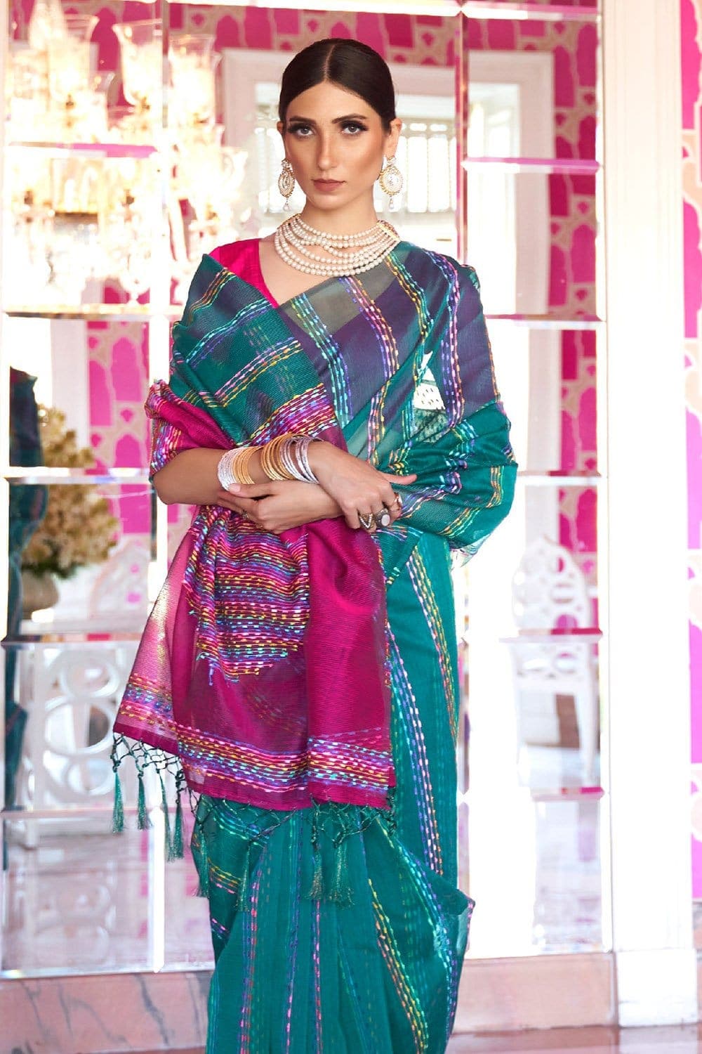 Satin Silk Saree Thread Work Teal Blue Satin Silk Saree saree online