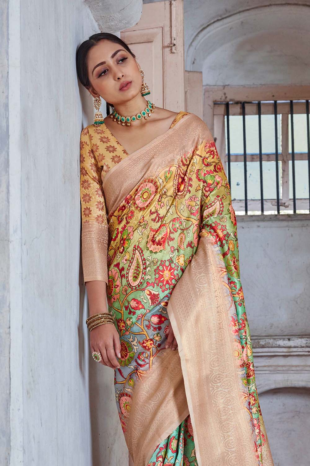 Yellow Multicolour Printed Satin Silk Saree